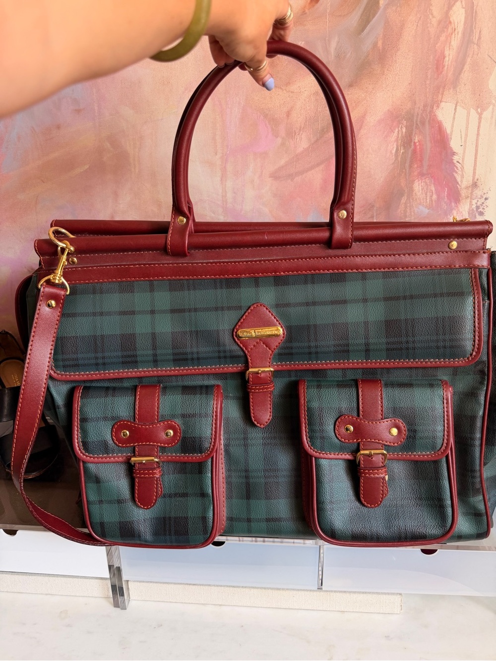 Ralph Lauren Green Plaid Weekender Bag with Burgundy Leather Trim